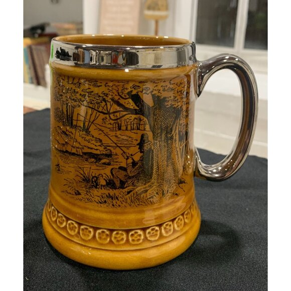 Vintage Lord Nelson Beer Mug With Silver Accents & Fishing Scene Design - Picture 1 of 8
